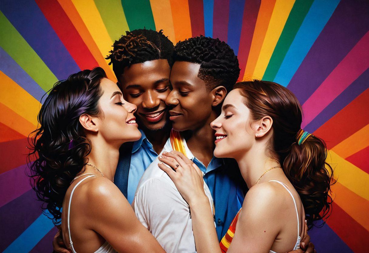 A vibrant, intimate scene depicting a diverse group of individuals sharing affection, their expressions radiating joy and connection. The background features abstract representations of film reels and rainbow colors intertwined, symbolizing the rich tapestry of LGBT culture. Soft, warm lighting enhances the closeness and allure of the moment, inviting viewers into the celebration of love and intimacy. The scene is framed in a way that emphasizes unity and diversity, inviting exploration of erotic expressions in film. super-realistic. vibrant colors. abstract elements.