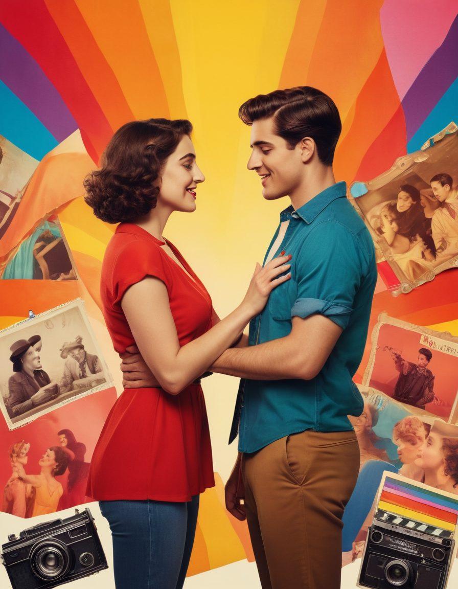 A vibrant collage depicting the journey of queer cinema, featuring scenes from passionate flirts to heartfelt love stories. Include iconic elements like rainbow flags, vintage film reels, and intertwined hands of various couples celebrating love. The background should reflect a cinematic setting with soft lighting to evoke emotion and nostalgia. Represent diversity in characters and expressions of love. retro vintage art style. warm tones.