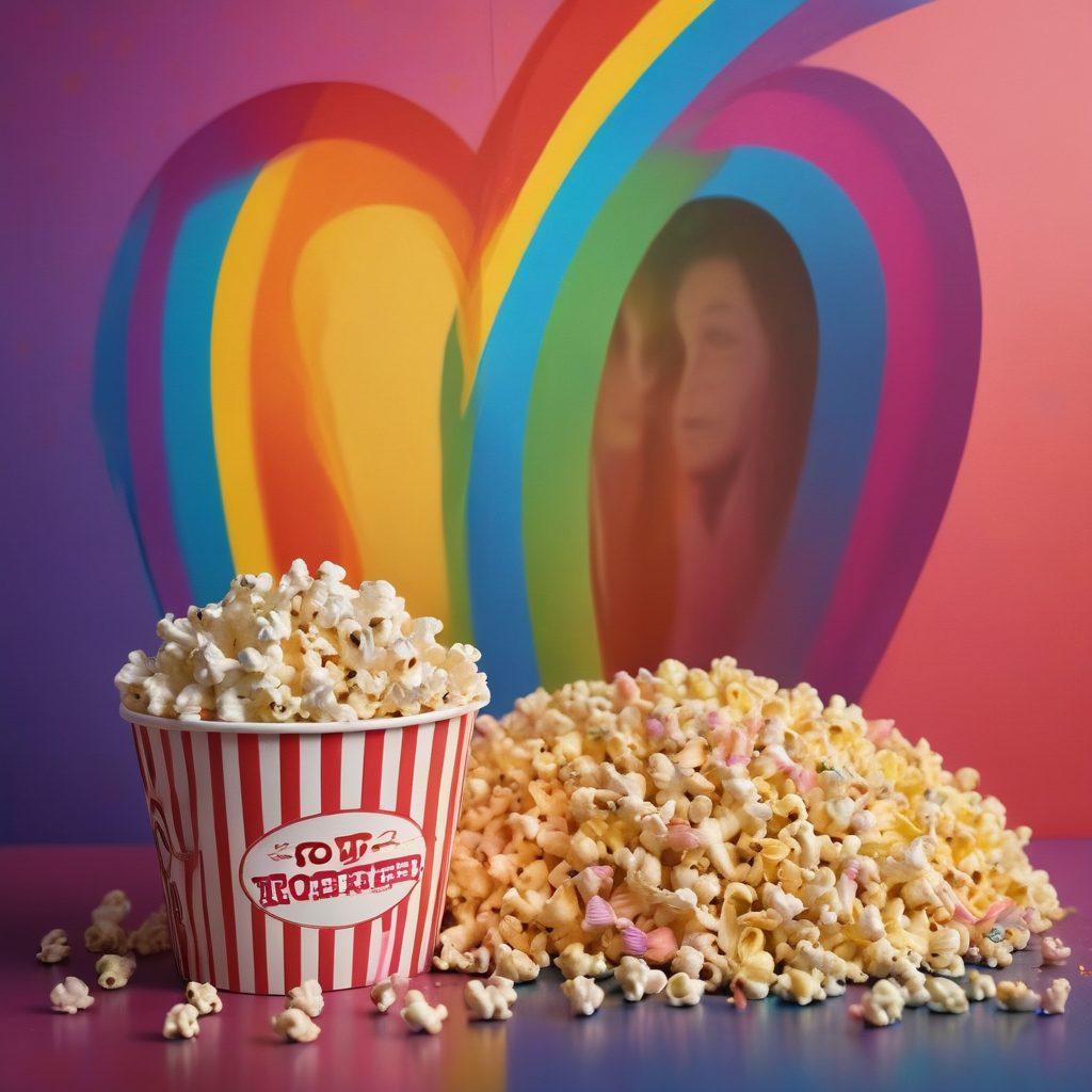 A vibrant film reel unfurling into a rainbow spectrum, showcasing iconic scenes of passionate LGBTQ+ love stories, with diverse couples embracing in cinematic moments. In the foreground, film clappers and heart-shaped popcorn add playful detail, while soft light enhances the romantic ambiance. Artistic brush strokes create a dreamy effect. cinematic art. vibrant colors.